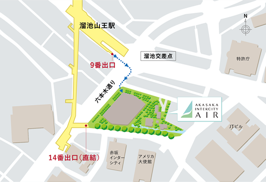 電車をご利用の方への赤坂インターシティAIRへの案内図